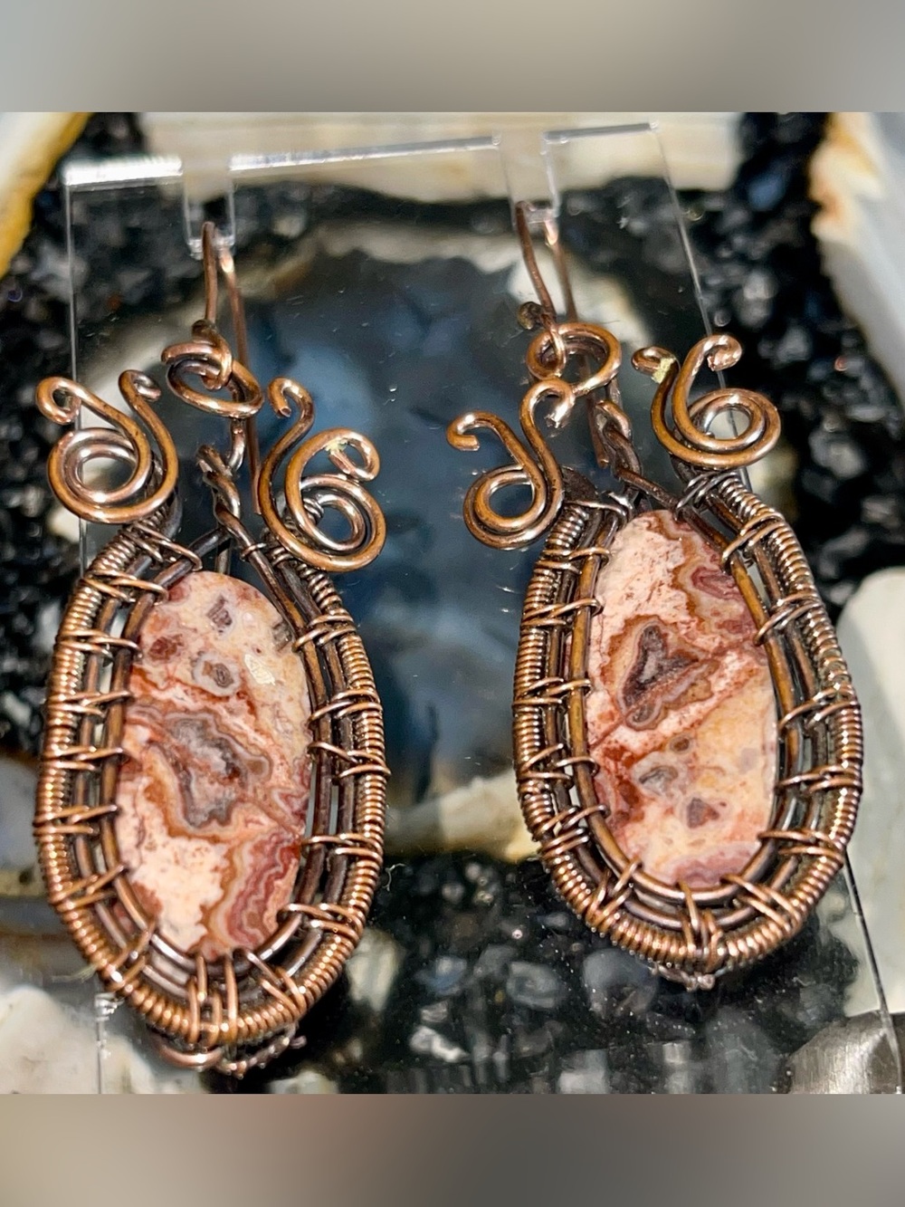 Copper Wire-wrapped Laguna Crazy Lace Agate Earrings 2 1/2”